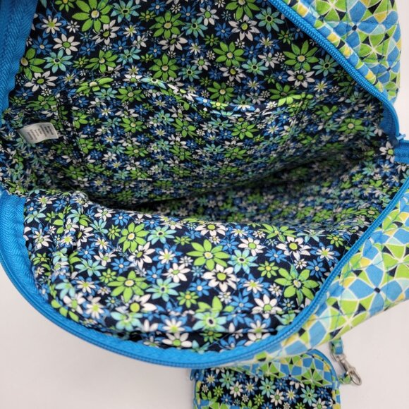 Floral 100% Cotton Backpack‎ Daisy Blue Green Attached Matching Wallet - Picture 6 of 10